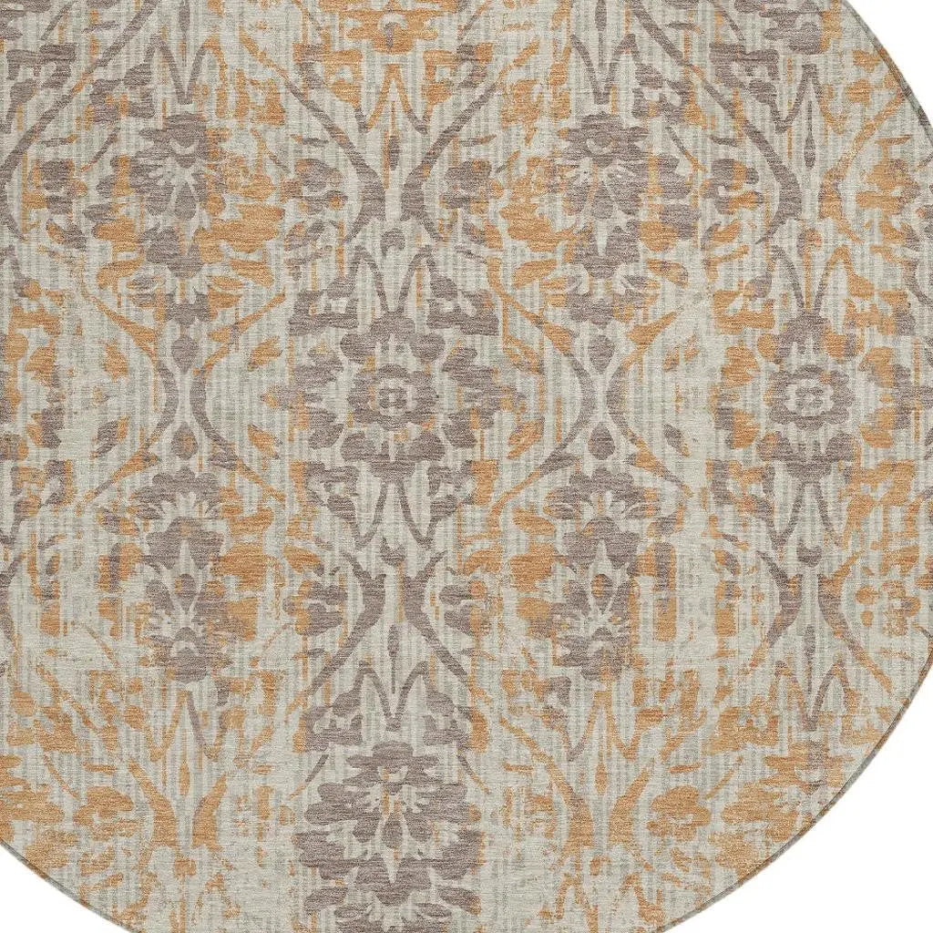 8' Beige And Copper Round Damask Washable Indoor Outdoor Area Rug Homeroots Outdoor