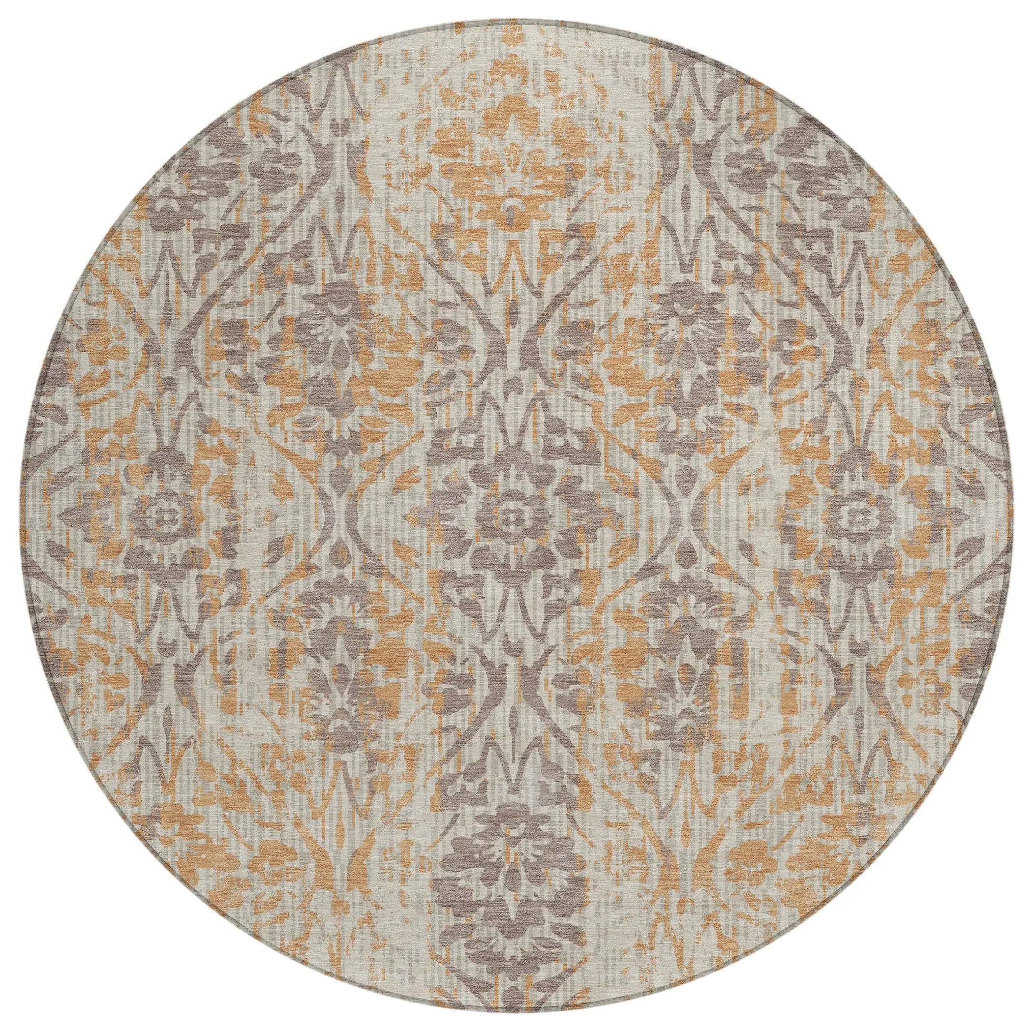 8' Beige And Copper Round Damask Washable Indoor Outdoor Area Rug Homeroots Outdoor