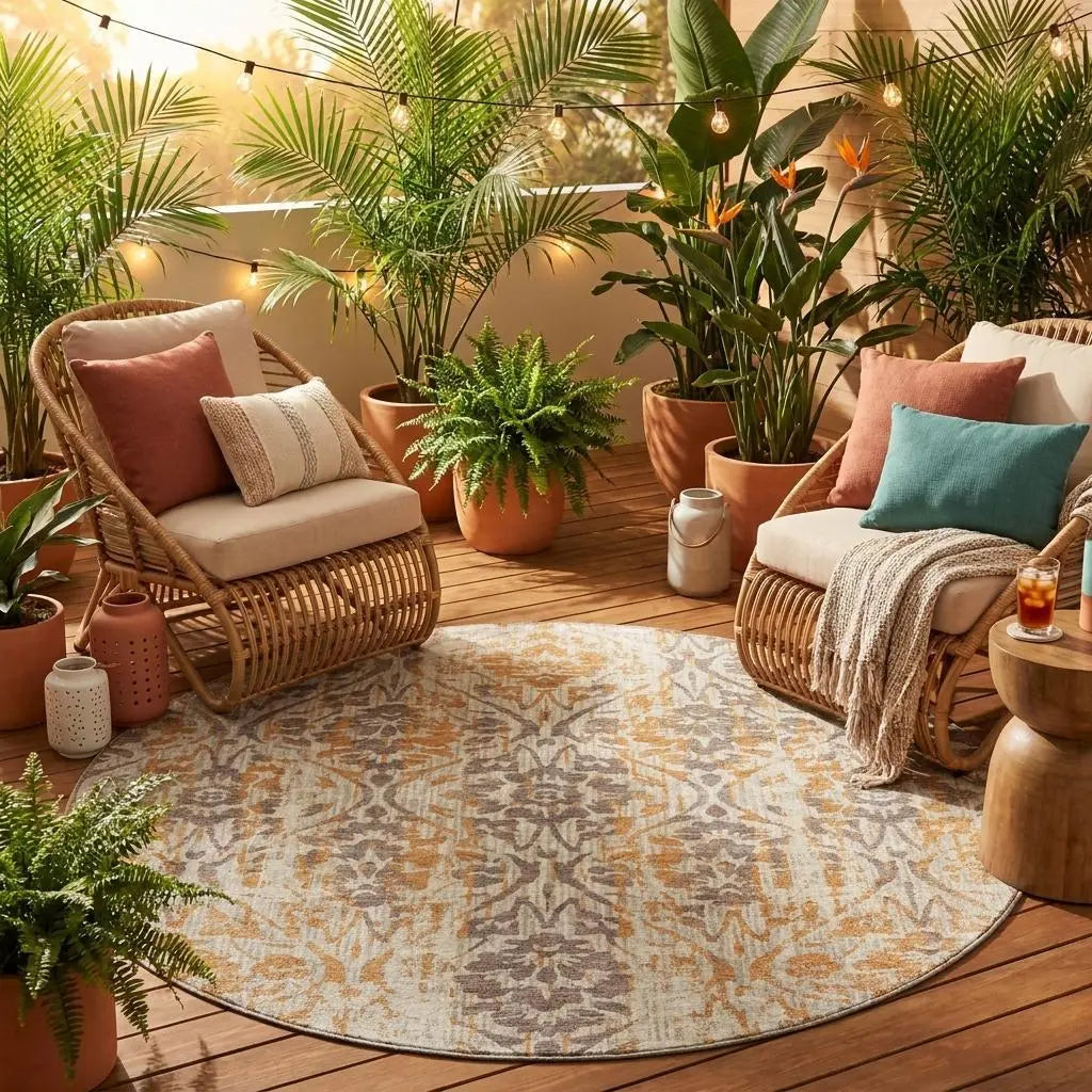 8' Beige And Copper Round Damask Washable Indoor Outdoor Area Rug Homeroots Outdoor