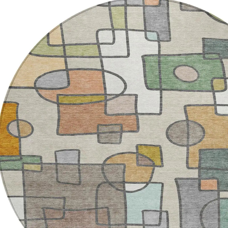 8' Beige And Copper Round Geometric Washable Indoor Outdoor Area Rug Homeroots Outdoor
