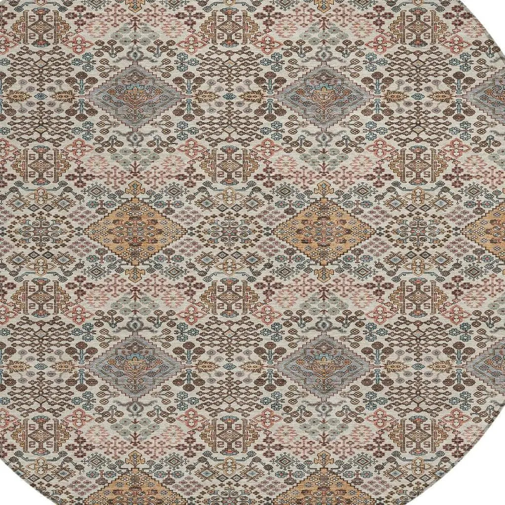 8' Beige And Copper Round Geometric Washable Indoor Outdoor Area Rug Homeroots Outdoor