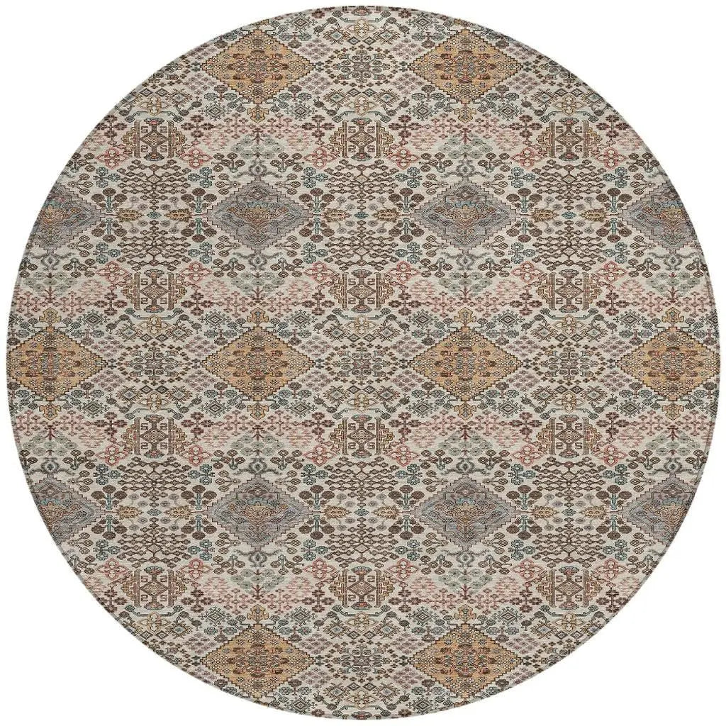8' Beige And Copper Round Geometric Washable Indoor Outdoor Area Rug Homeroots Outdoor