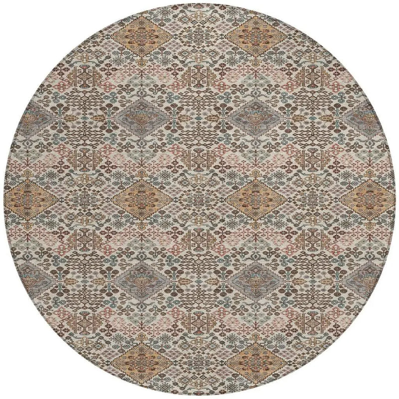 8' Beige And Copper Round Geometric Washable Indoor Outdoor Area Rug Homeroots Outdoor