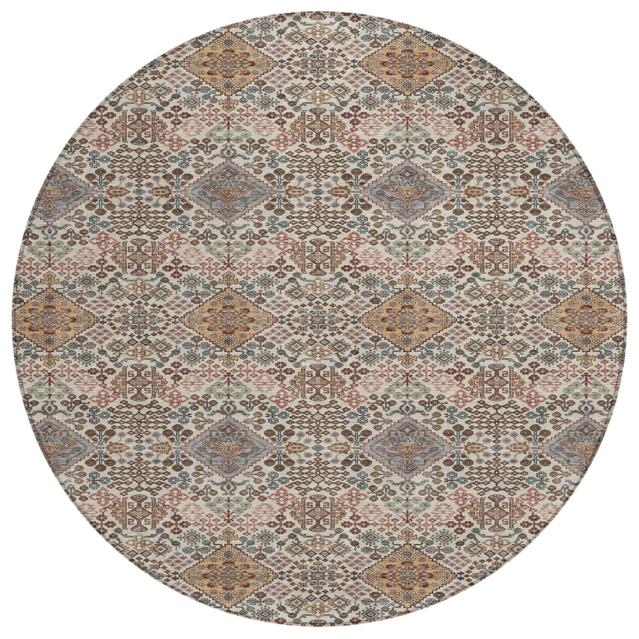 8' Beige And Copper Round Geometric Washable Indoor Outdoor Area Rug Homeroots Outdoor