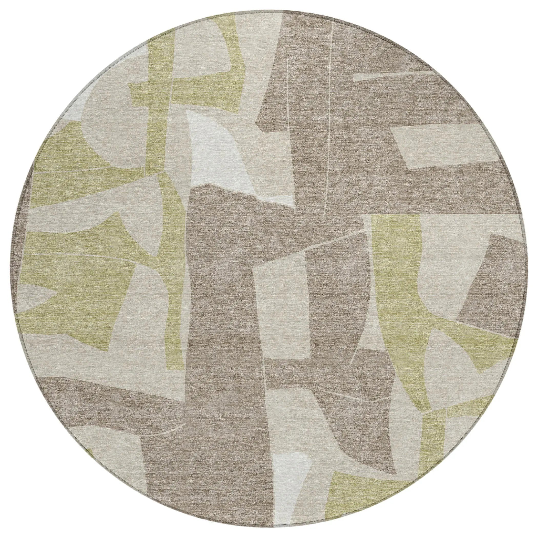 8' Beige And Fern Green Round Geometric Washable Indoor Outdoor Area Rug Homeroots Outdoor
