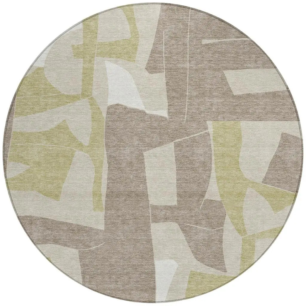 8' Beige And Fern Green Round Geometric Washable Indoor Outdoor Area Rug Homeroots Outdoor