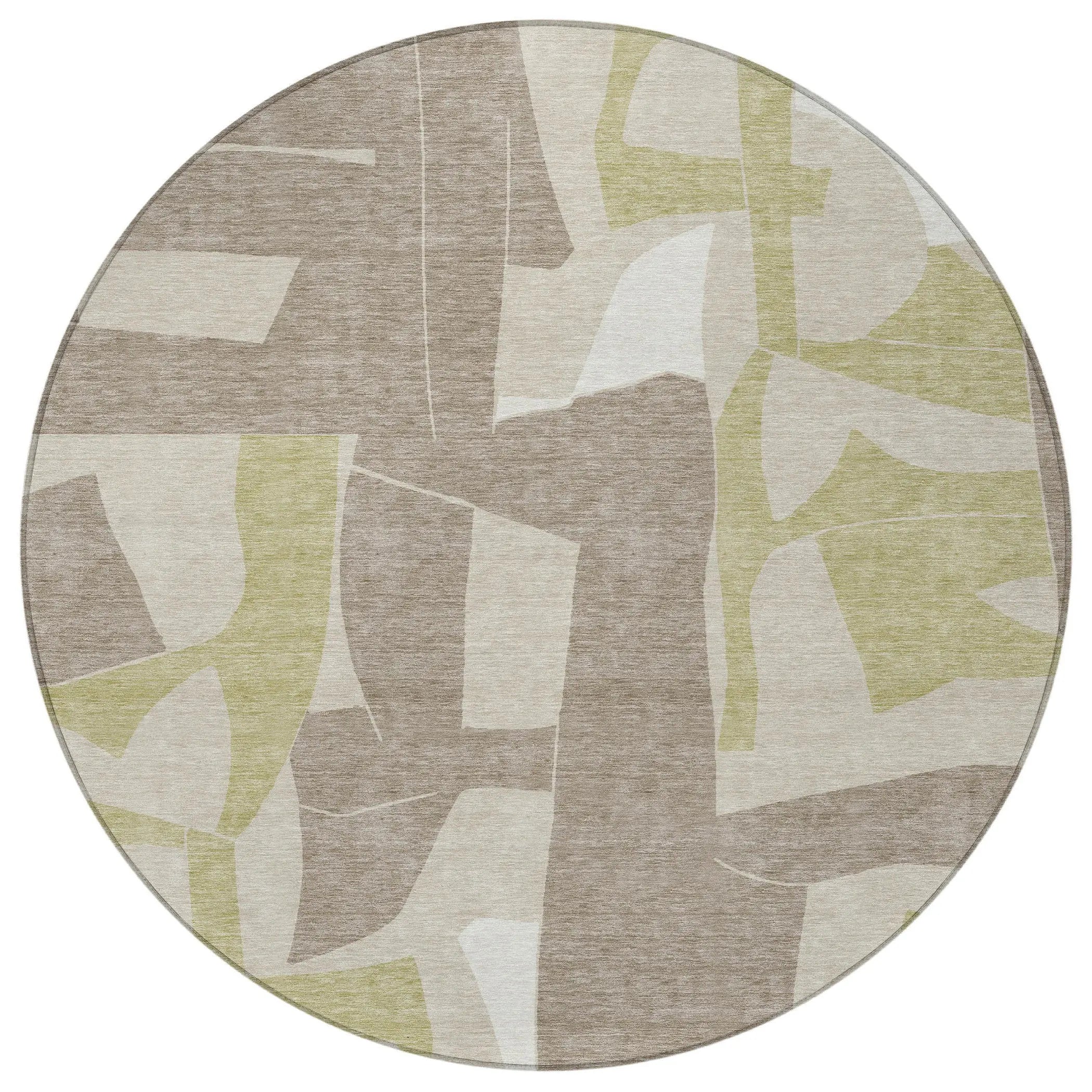 8' Beige And Fern Green Round Geometric Washable Indoor Outdoor Area Rug Homeroots Outdoor