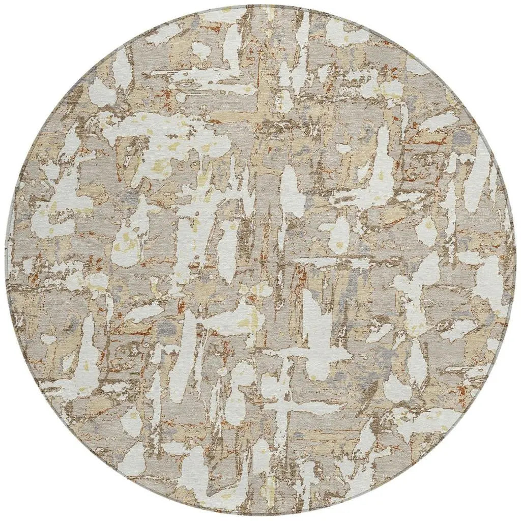 8' Beige And Gray Round Abstract Washable Indoor Outdoor Area Rug Homeroots Outdoor