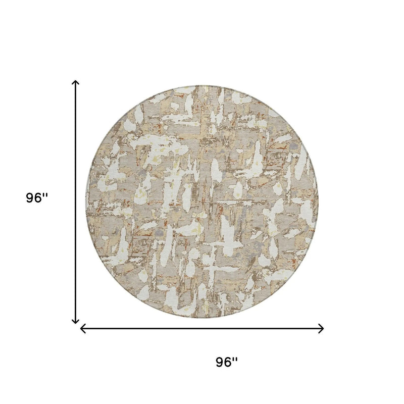 8' Beige And Gray Round Abstract Washable Indoor Outdoor Area Rug Homeroots Outdoor