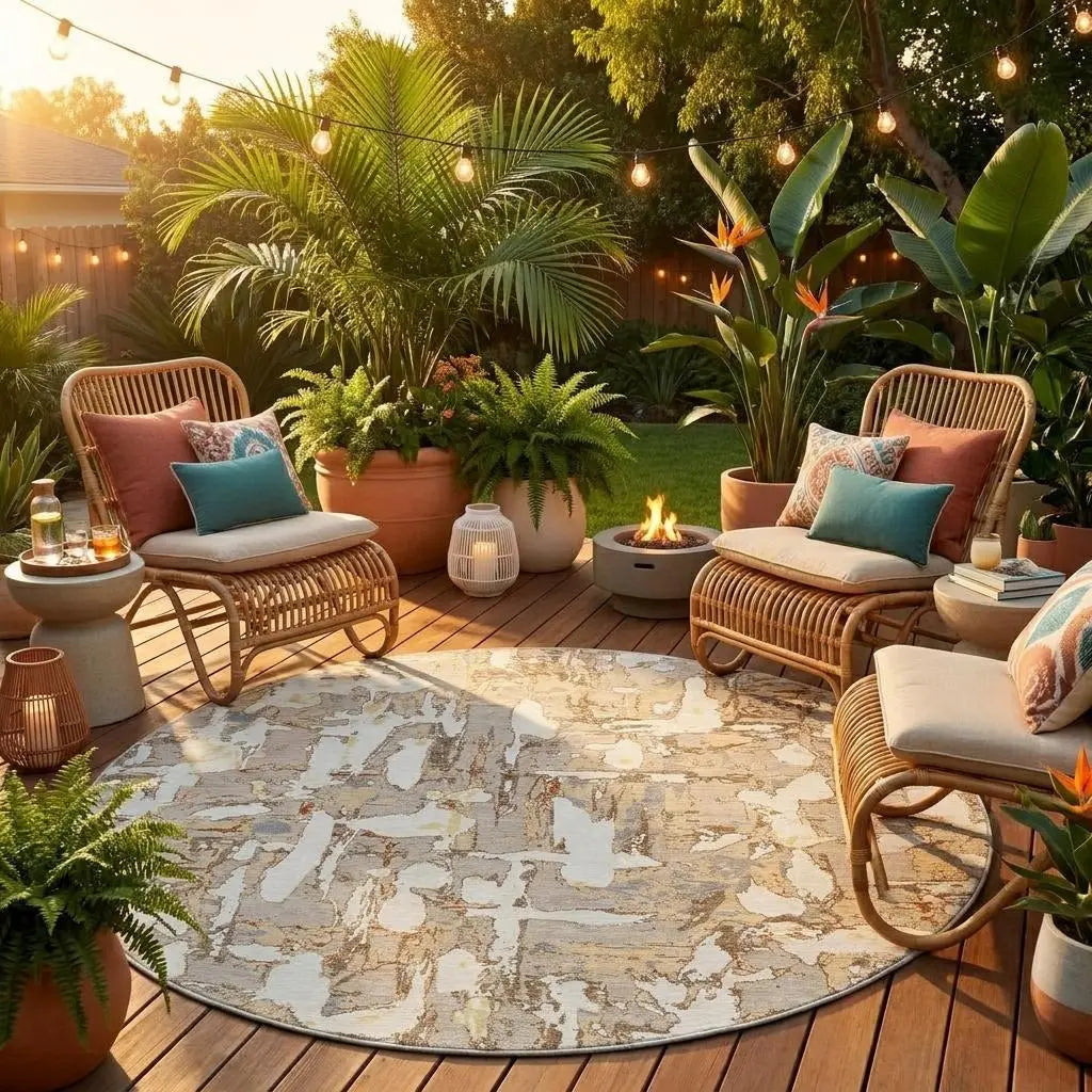 8' Beige And Gray Round Abstract Washable Indoor Outdoor Area Rug Homeroots Outdoor