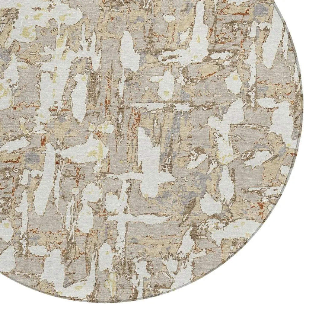 8' Beige And Gray Round Abstract Washable Indoor Outdoor Area Rug Homeroots Outdoor