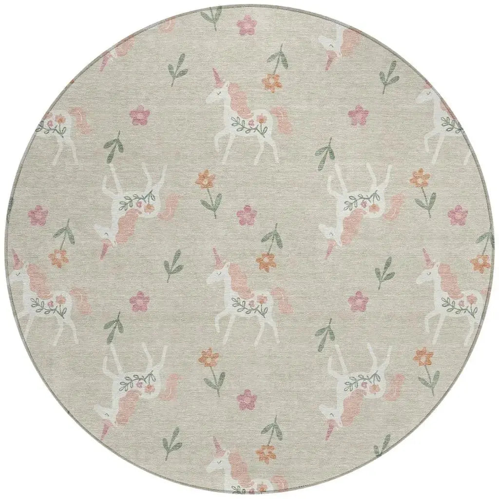 8' Beige And Gray Round Floral Washable Indoor Outdoor Area Rug Homeroots Outdoor