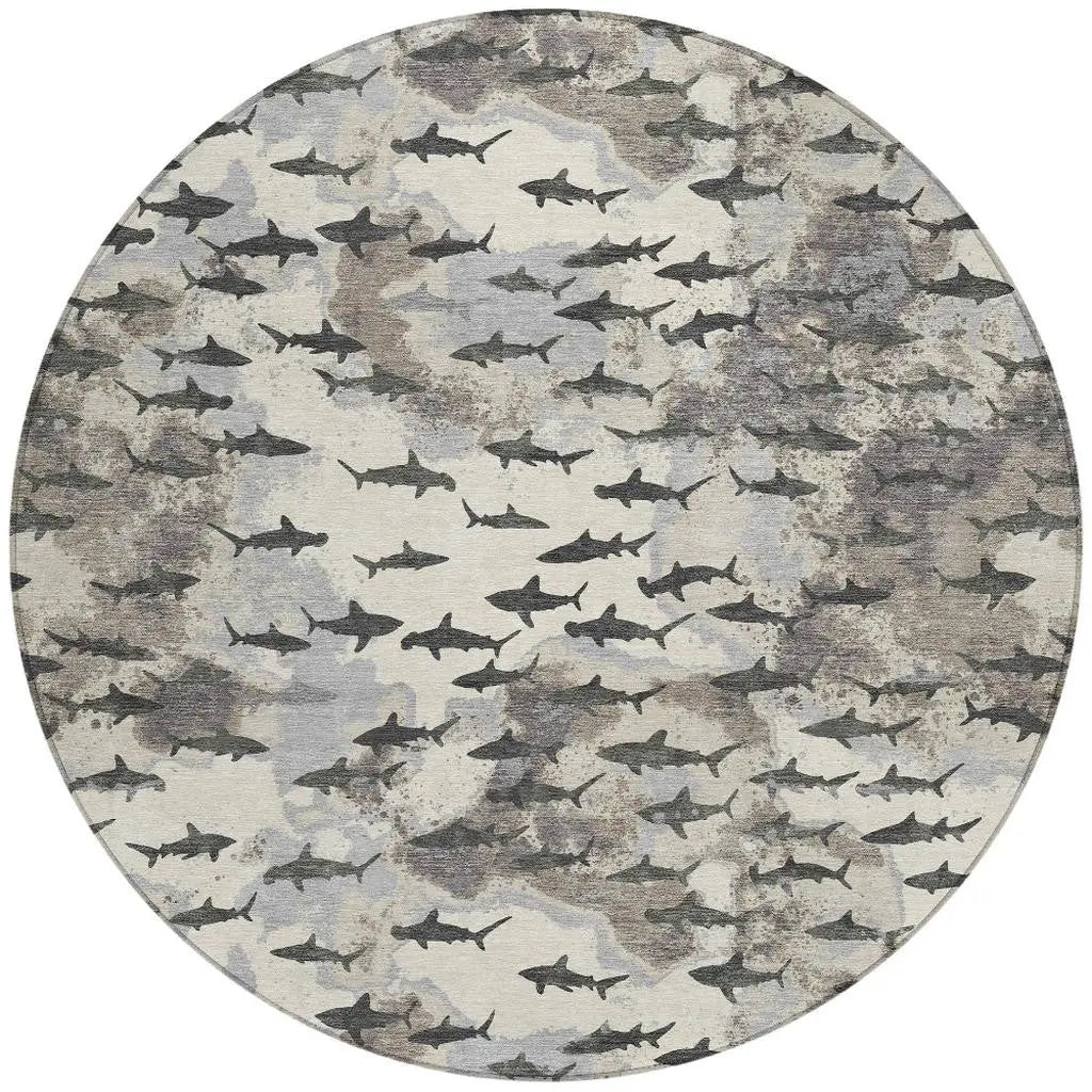 8' Beige And Gray Round Horse Washable Indoor Outdoor Area Rug Homeroots Outdoor