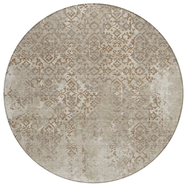 8' Beige And Gray Round Oriental Washable Indoor Outdoor Area Rug Homeroots Outdoor