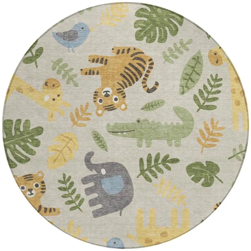 8' Beige And Green Round Abstract Washable Indoor Outdoor Area Rug Homeroots Outdoor