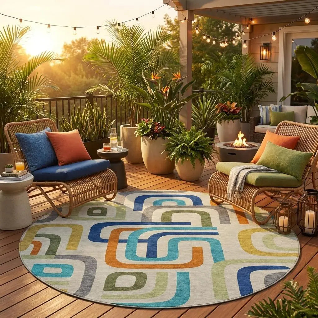 8' Beige And Green Round Geometric Washable Indoor Outdoor Area Rug Homeroots Outdoor