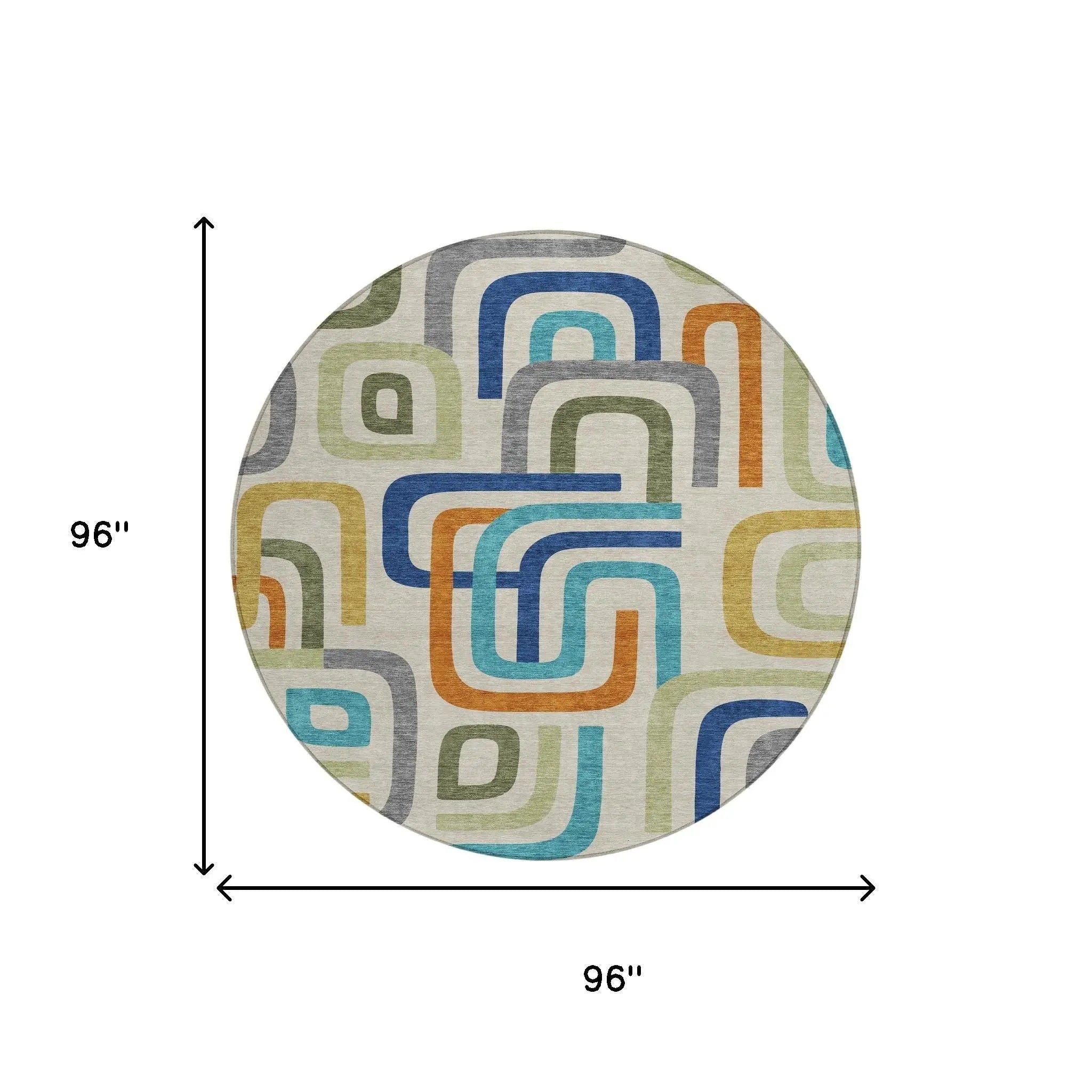 8' Beige And Green Round Geometric Washable Indoor Outdoor Area Rug Homeroots Outdoor