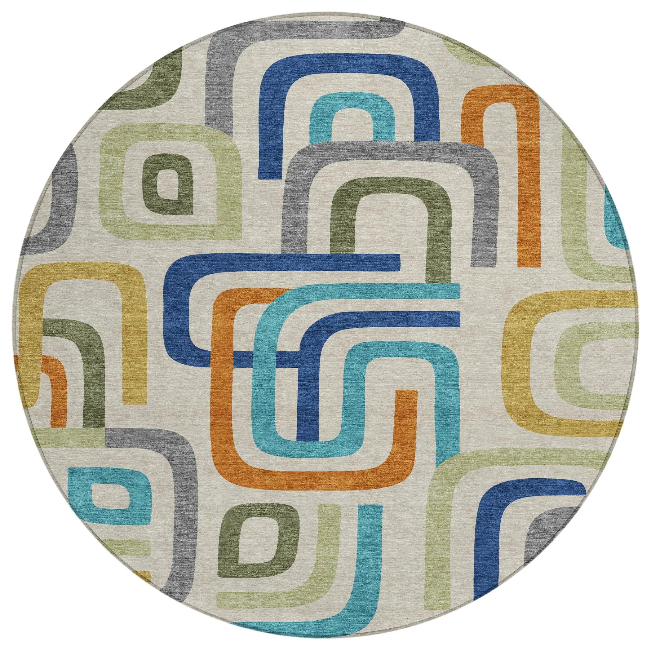8' Beige And Green Round Geometric Washable Indoor Outdoor Area Rug Homeroots Outdoor