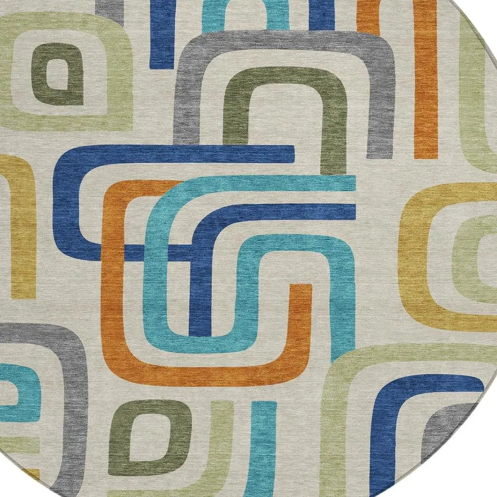 8' Beige And Green Round Geometric Washable Indoor Outdoor Area Rug Homeroots Outdoor