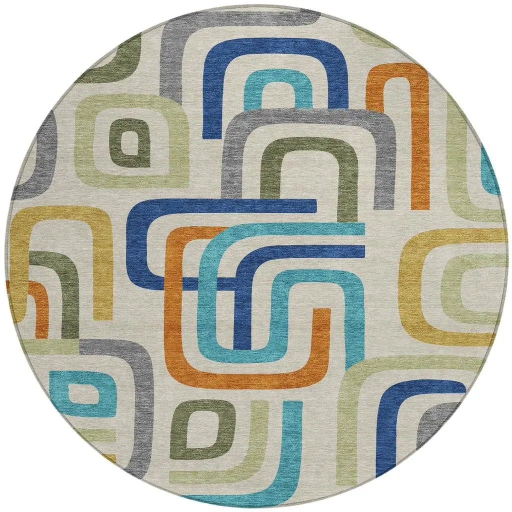 8' Beige And Green Round Geometric Washable Indoor Outdoor Area Rug Homeroots Outdoor