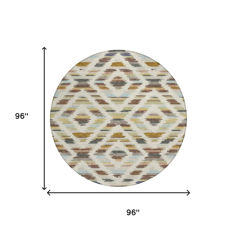 8' Beige And Green Round Tribal Washable Indoor Outdoor Area Rug Homeroots Outdoor