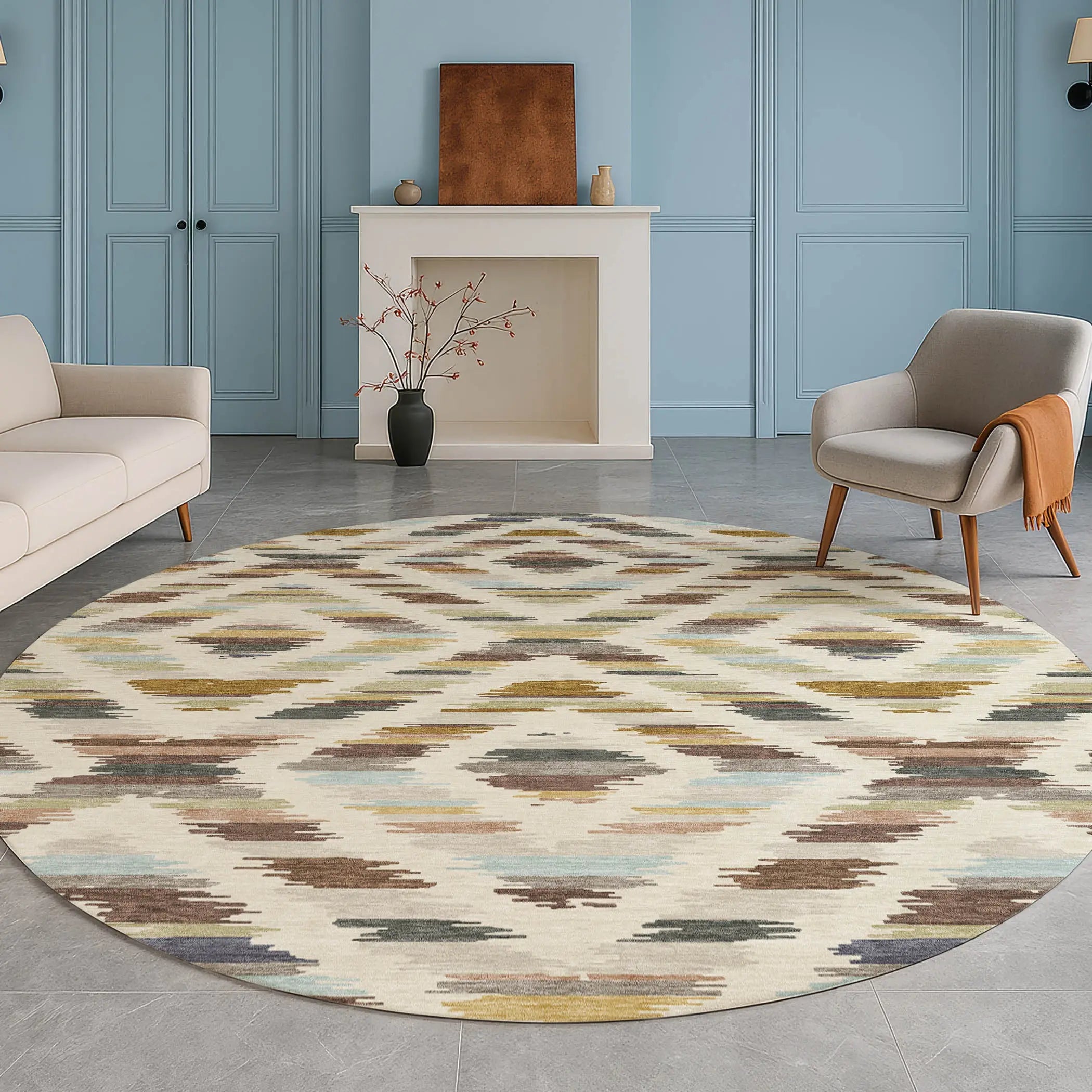 8' Beige And Green Round Tribal Washable Indoor Outdoor Area Rug Homeroots Outdoor
