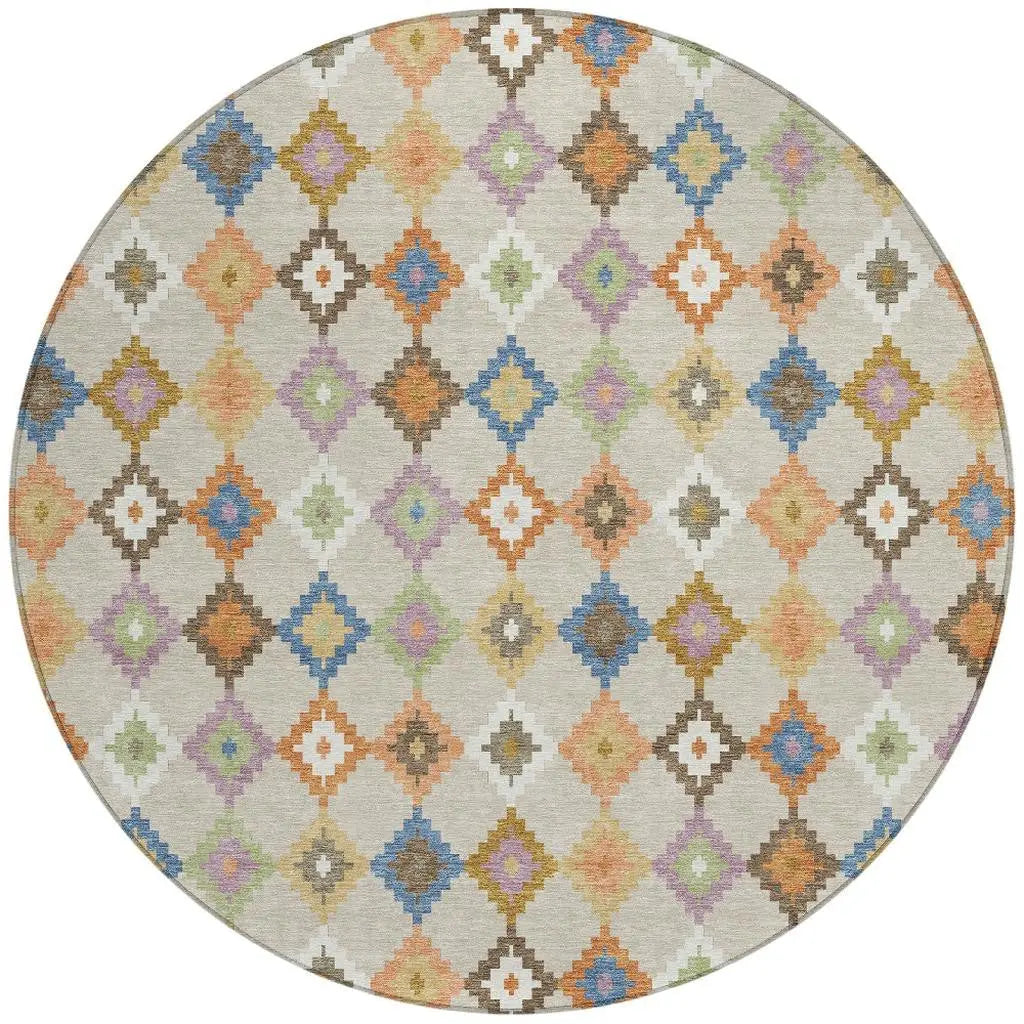8' Beige And Ivory Round Aztec Washable Indoor Outdoor Area Rug Homeroots Outdoor