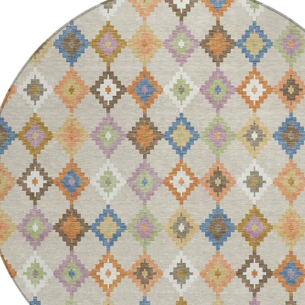 8' Beige And Ivory Round Aztec Washable Indoor Outdoor Area Rug Homeroots Outdoor