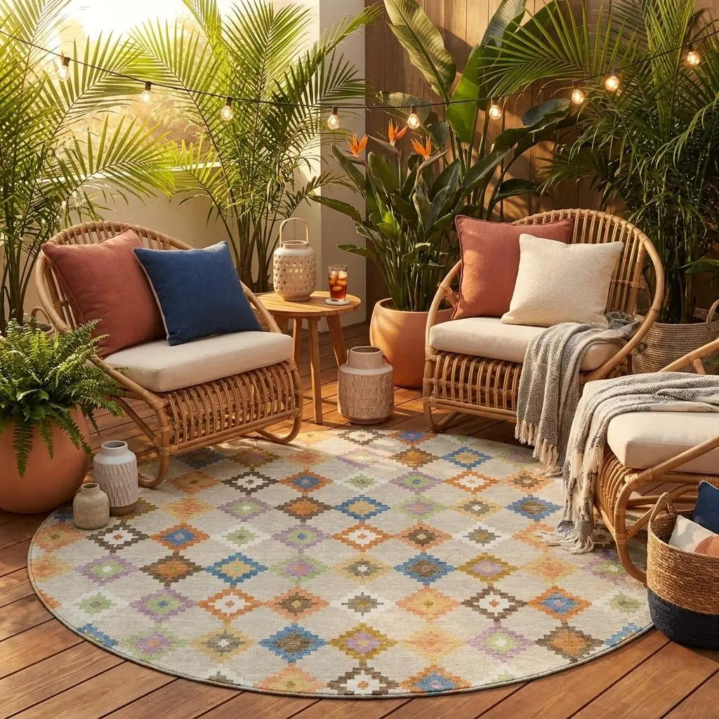 8' Beige And Ivory Round Aztec Washable Indoor Outdoor Area Rug Homeroots Outdoor