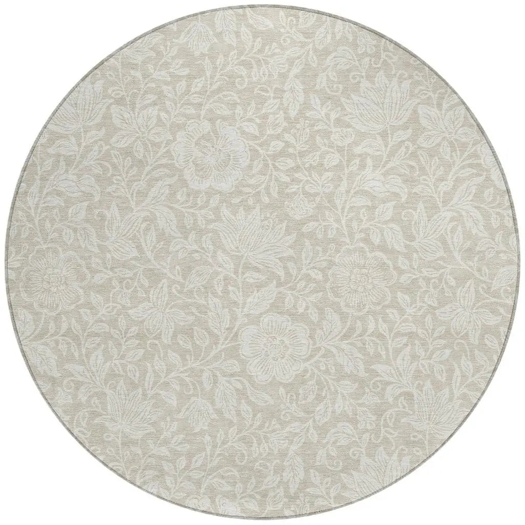 8' Beige And Ivory Round Floral Washable Indoor Outdoor Area Rug Homeroots Outdoor