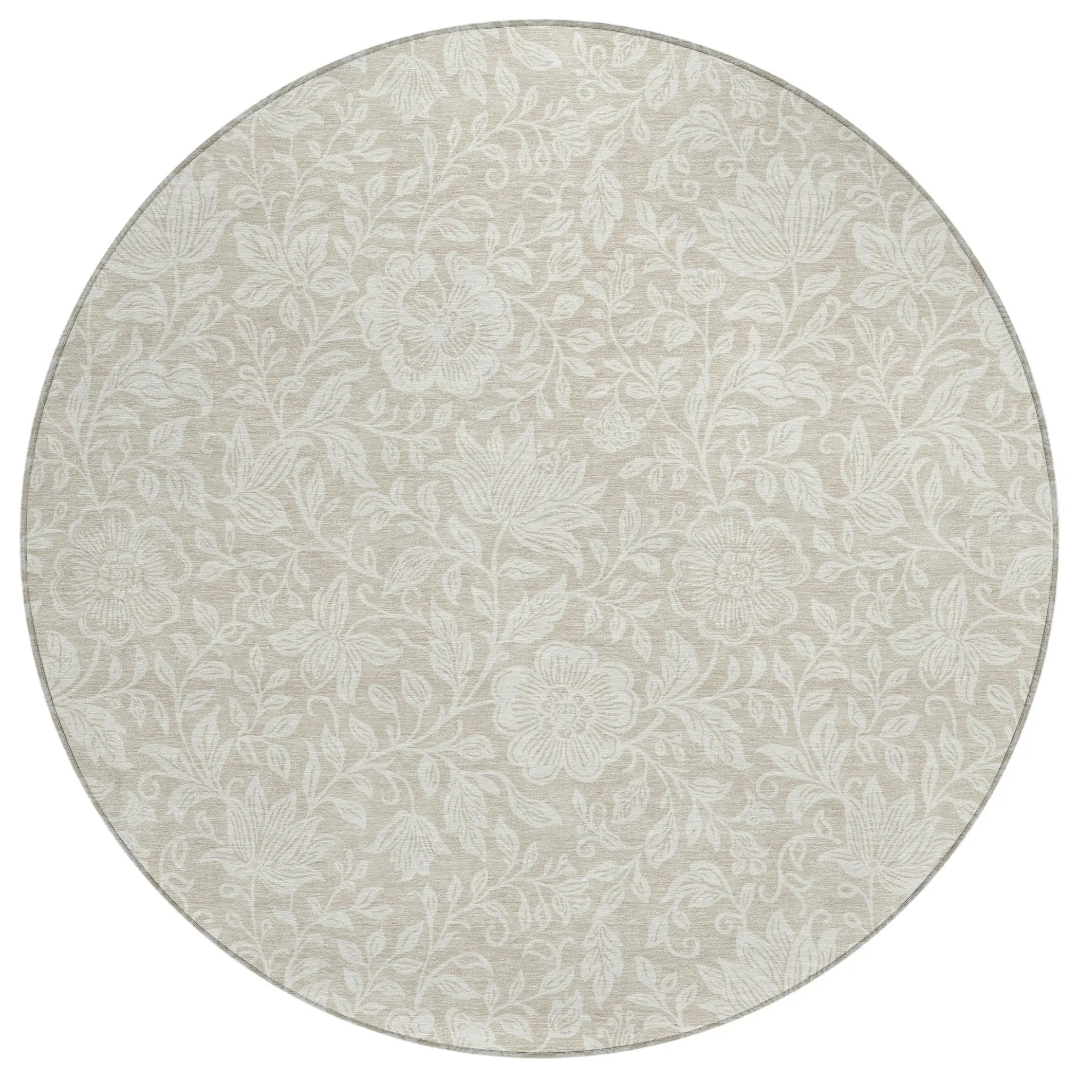 8' Beige And Ivory Round Floral Washable Indoor Outdoor Area Rug Homeroots Outdoor