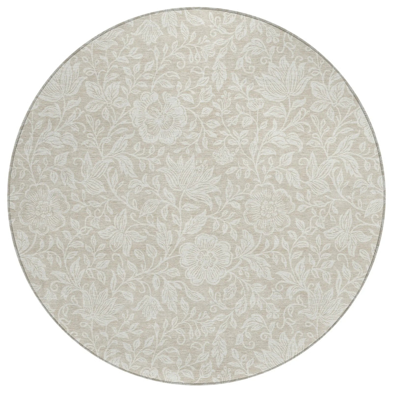 8' Beige And Ivory Round Floral Washable Indoor Outdoor Area Rug Homeroots Outdoor