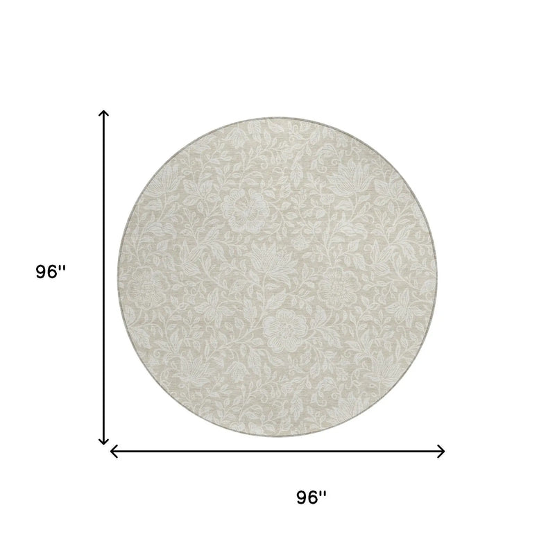 8' Beige And Ivory Round Floral Washable Indoor Outdoor Area Rug Homeroots Outdoor