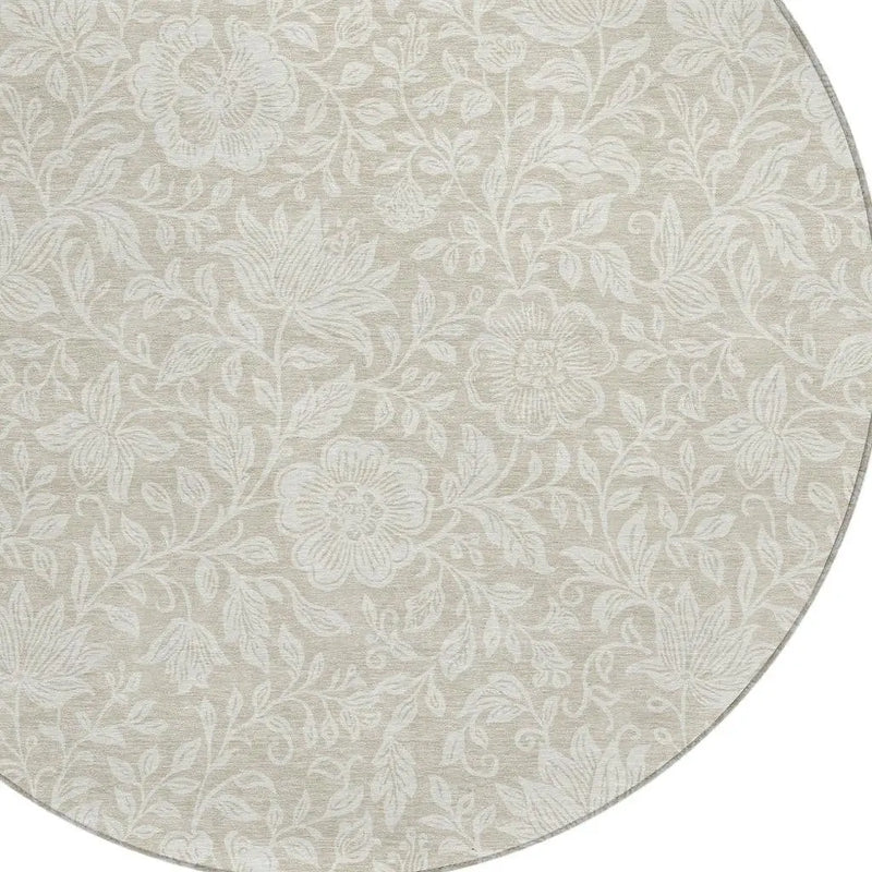 8' Beige And Ivory Round Floral Washable Indoor Outdoor Area Rug Homeroots Outdoor