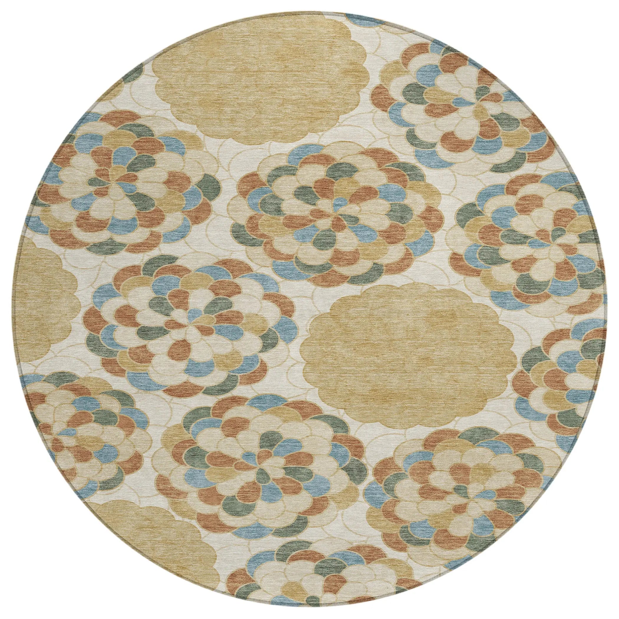 8' Beige And Ivory Round Floral Washable Indoor Outdoor Area Rug Homeroots Outdoor