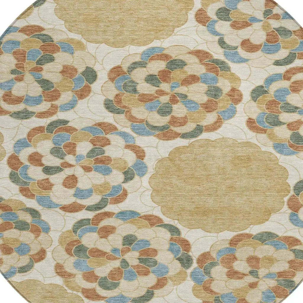 8' Beige And Ivory Round Floral Washable Indoor Outdoor Area Rug Homeroots Outdoor