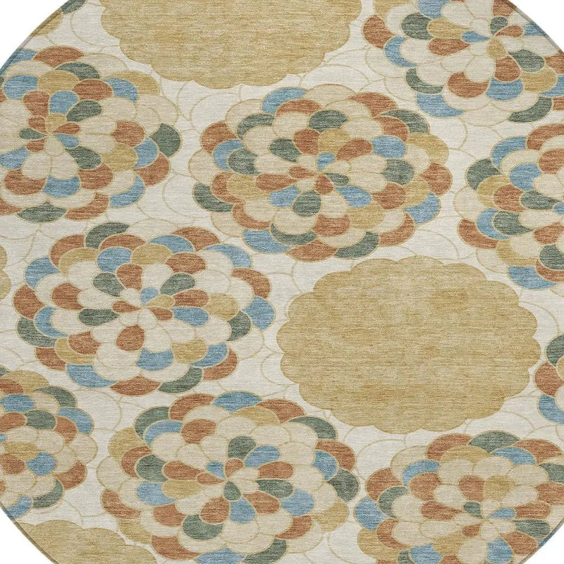 8' Beige And Ivory Round Floral Washable Indoor Outdoor Area Rug Homeroots Outdoor