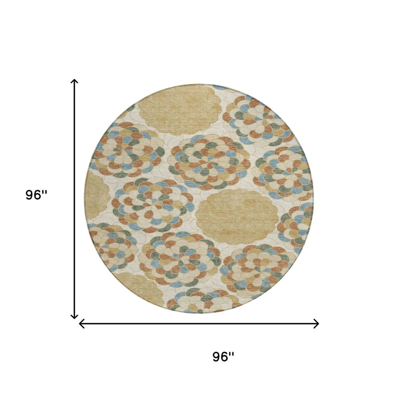 8' Beige And Ivory Round Floral Washable Indoor Outdoor Area Rug Homeroots Outdoor