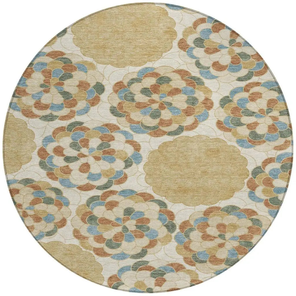 8' Beige And Ivory Round Floral Washable Indoor Outdoor Area Rug Homeroots Outdoor