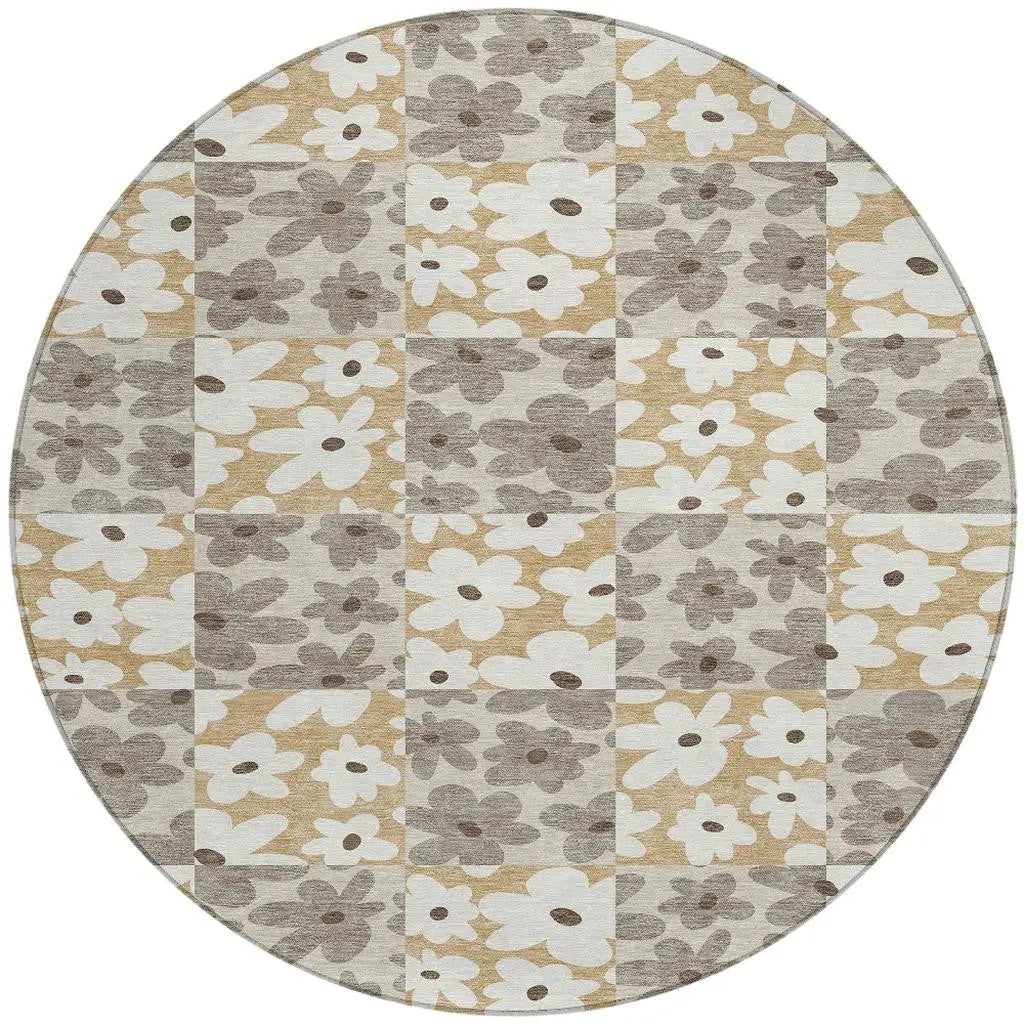 8' Beige And Ivory Round Floral Washable Indoor Outdoor Area Rug Homeroots Outdoor
