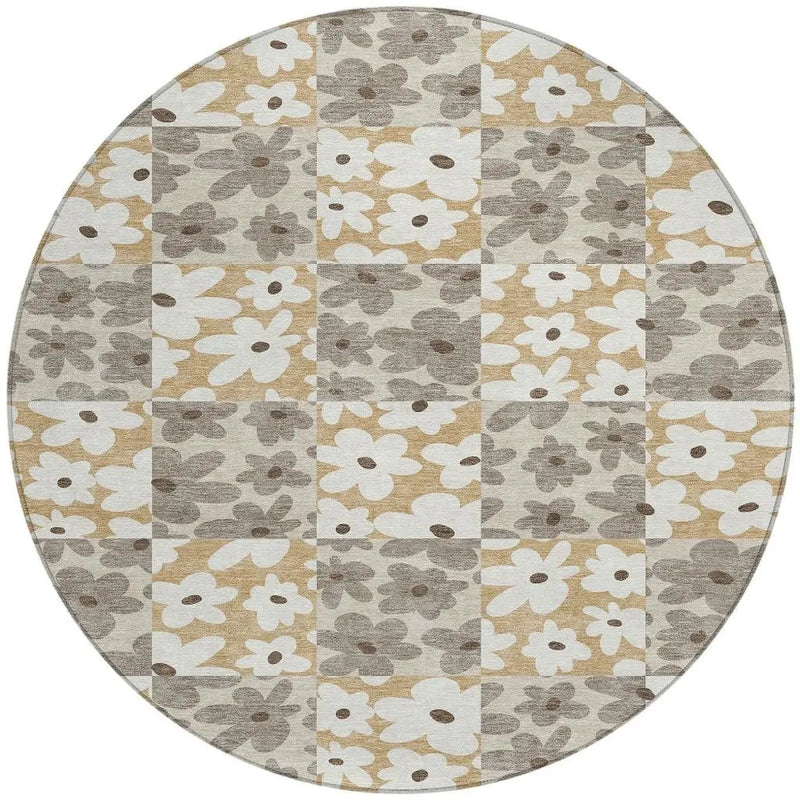 8' Beige And Ivory Round Floral Washable Indoor Outdoor Area Rug Homeroots Outdoor