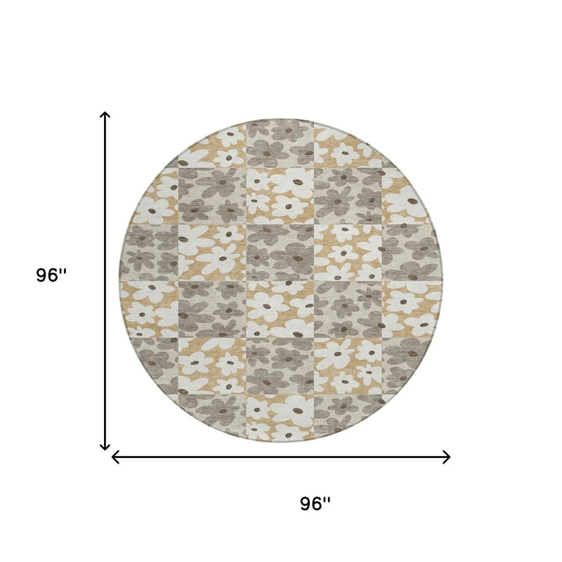8' Beige And Ivory Round Floral Washable Indoor Outdoor Area Rug Homeroots Outdoor