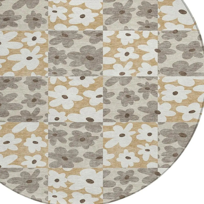 8' Beige And Ivory Round Floral Washable Indoor Outdoor Area Rug Homeroots Outdoor