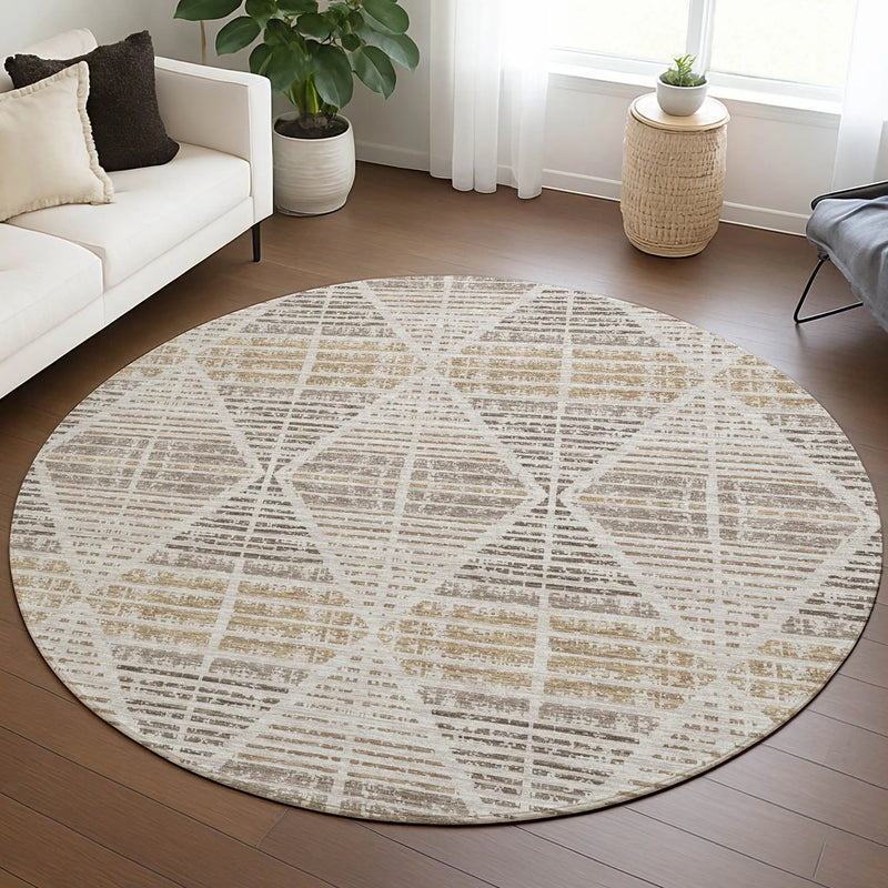 8' Beige And Ivory Round Geometric Washable Indoor Outdoor Area Rug Homeroots Outdoor
