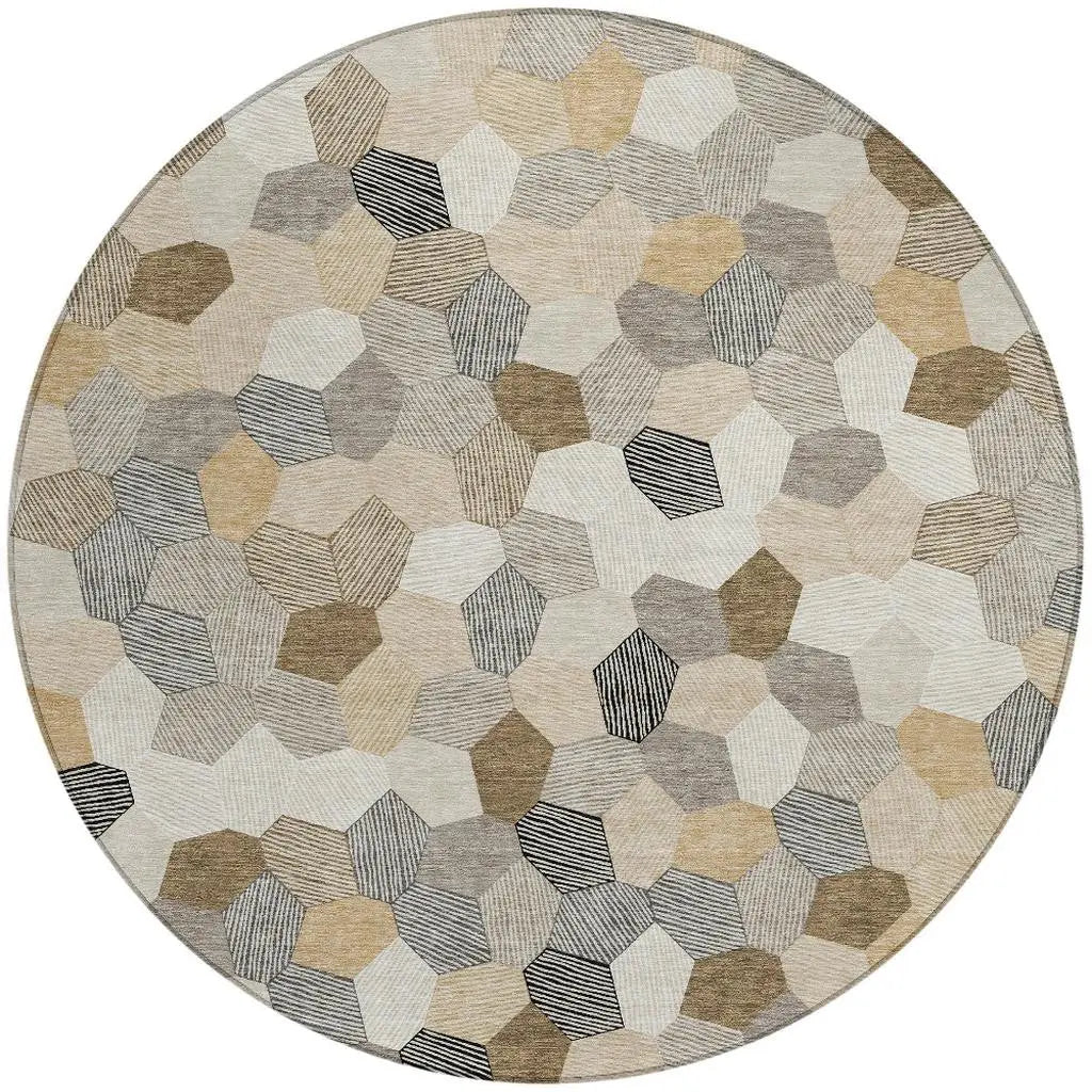 8' Beige And Ivory Round Geometric Washable Indoor Outdoor Area Rug Homeroots Outdoor