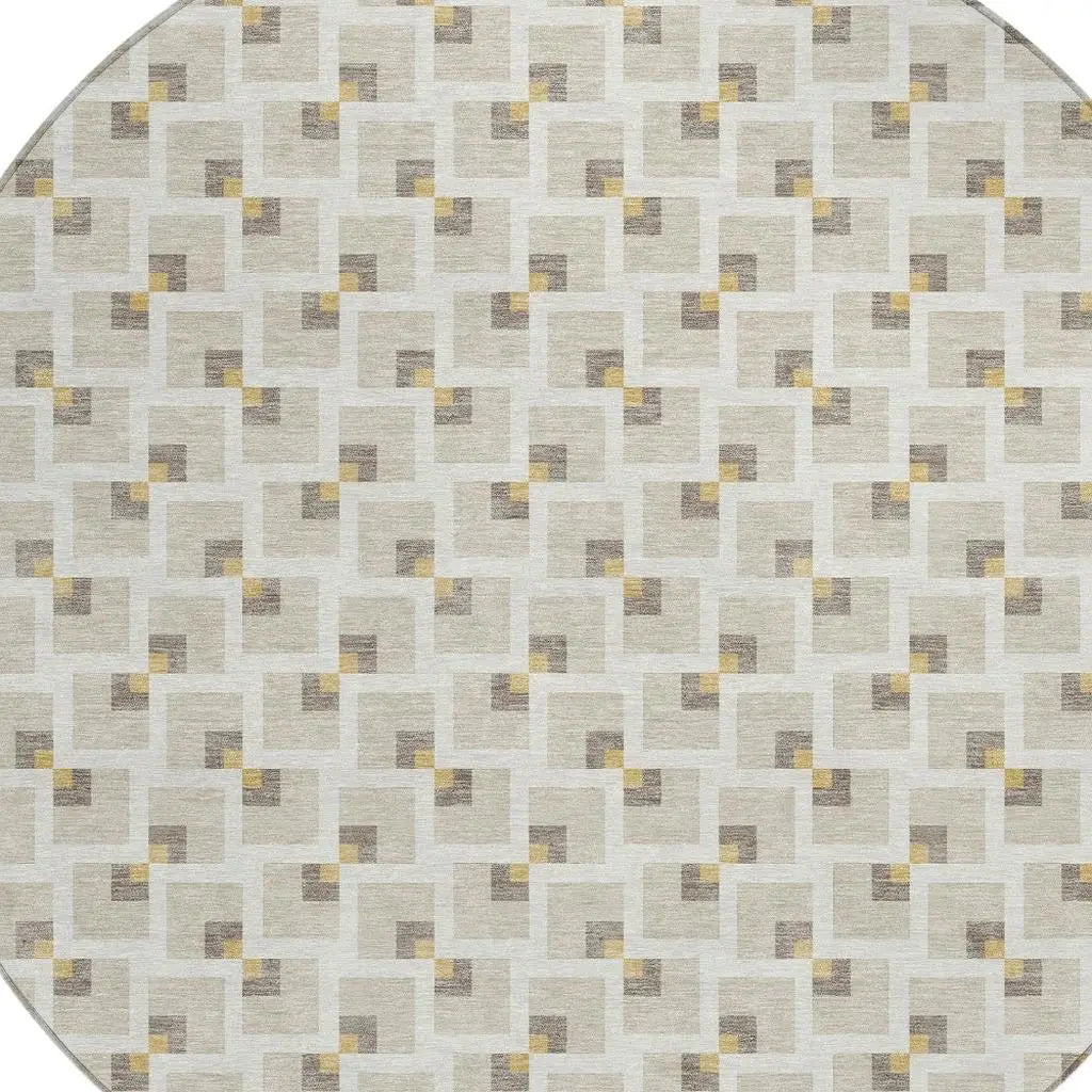 8' Beige And Ivory Round Geometric Washable Indoor Outdoor Area Rug Homeroots Outdoor
