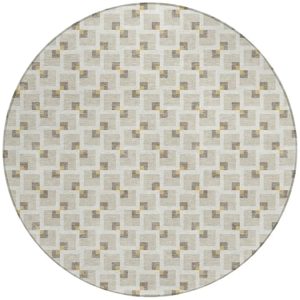 8' Beige And Ivory Round Geometric Washable Indoor Outdoor Area Rug Homeroots Outdoor