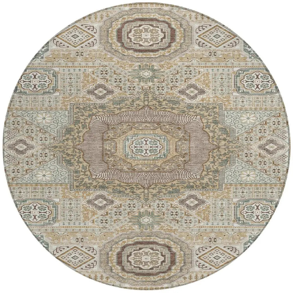 8' Beige And Ivory Round Oriental Washable Indoor Outdoor Area Rug Homeroots Outdoor