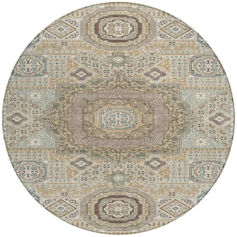8' Beige And Ivory Round Oriental Washable Indoor Outdoor Area Rug Homeroots Outdoor
