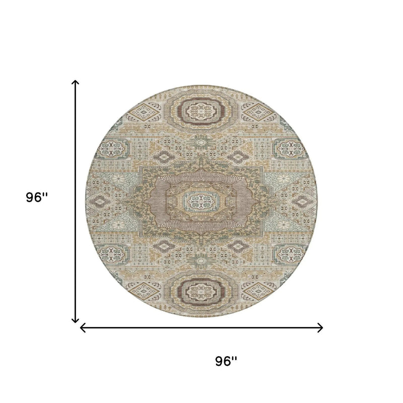 8' Beige And Ivory Round Oriental Washable Indoor Outdoor Area Rug Homeroots Outdoor